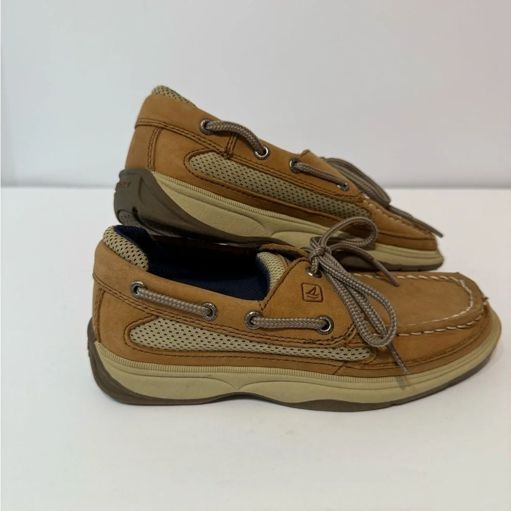 Sperry Boys Top- Slider Lanyard Tan Leather Boat Shoes, Sz 1 M